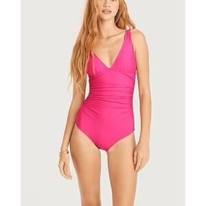 J.Crew Ruched V-Neck One Piece Swimsuit Radiant Fuchsia Sz 12 Vacation Resort